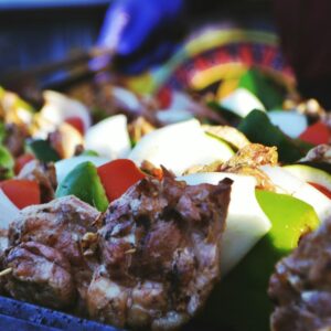 a close up of a tray of food with meat and veggies